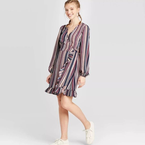 Womens Dress Juniors Large Wrap Mini Striped Long Sleeve V-Neck Navy Berry Teens - Picture 1 of 7